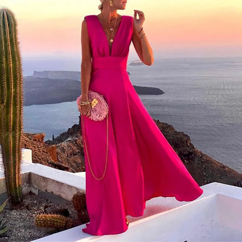 Damen Maxikleid mit geometrischem Schnitt und tiefem V-Ausschnitt
