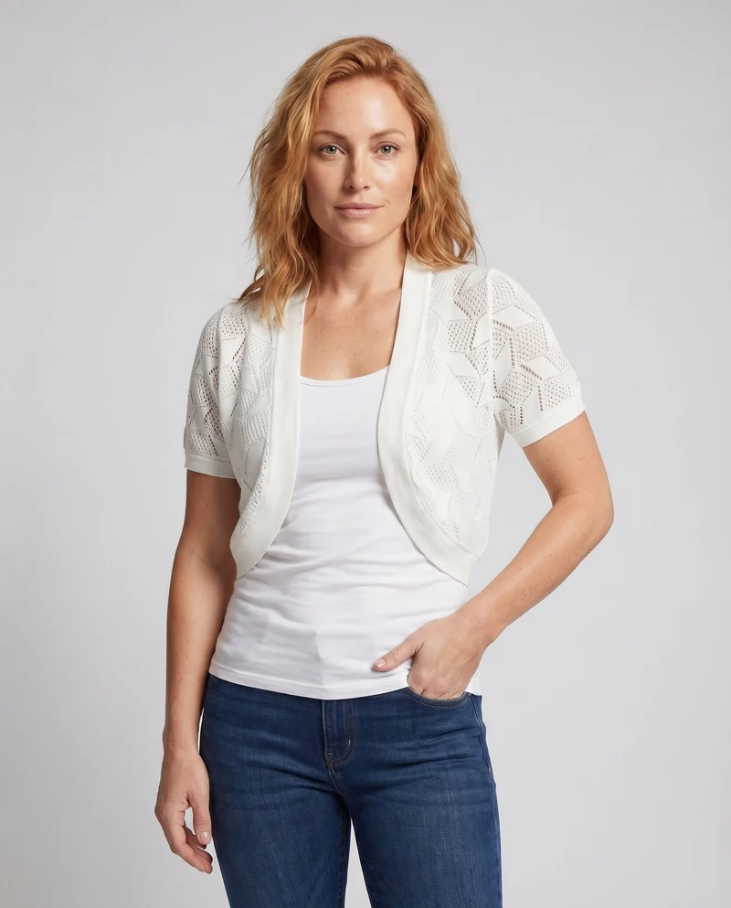 Damen eleganter Kurzblazer mit raffinierter Häkelstruktur