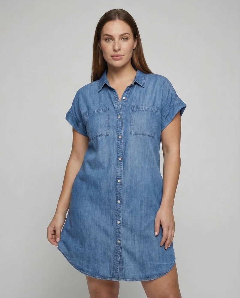 Damen Jeans Hemdkleid Taschen
