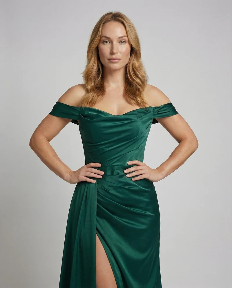 Damen Satin-Galadress Off-Shoulder Drapé-Überwurf