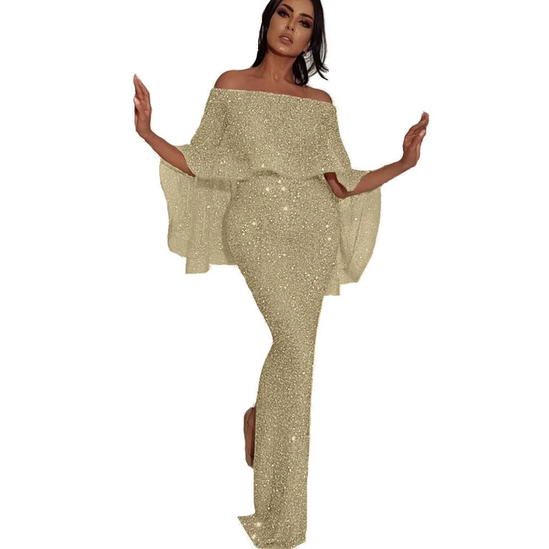 Damen Elegantes Abendkleid mit Off-Shoulder Design und glitzerndem Stoff