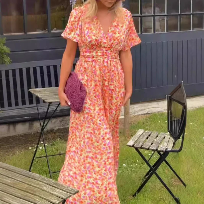 Damen Maxikleid mit floralem Muster und raffinierten Ärmeln