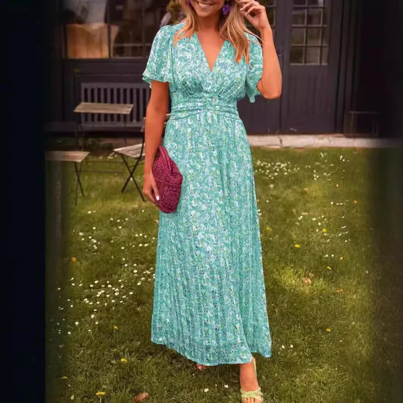 Damen Maxikleid mit floralem Muster und raffinierten Ärmeln