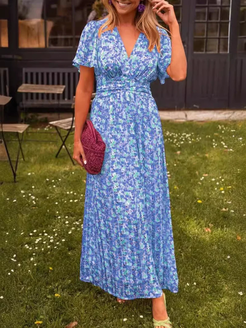 Damen Maxikleid mit floralem Muster und raffinierten Ärmeln