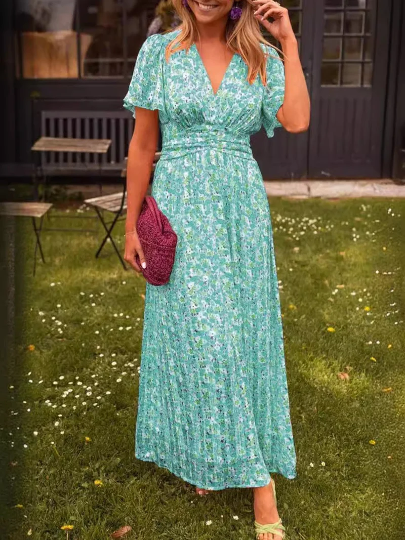 Damen Maxikleid mit floralem Muster und raffinierten Ärmeln