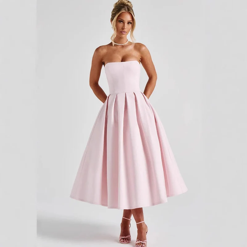 Damen A-Linien Abendkleid mit tiefem Wasserfallausschnitt und elegantem Plissee