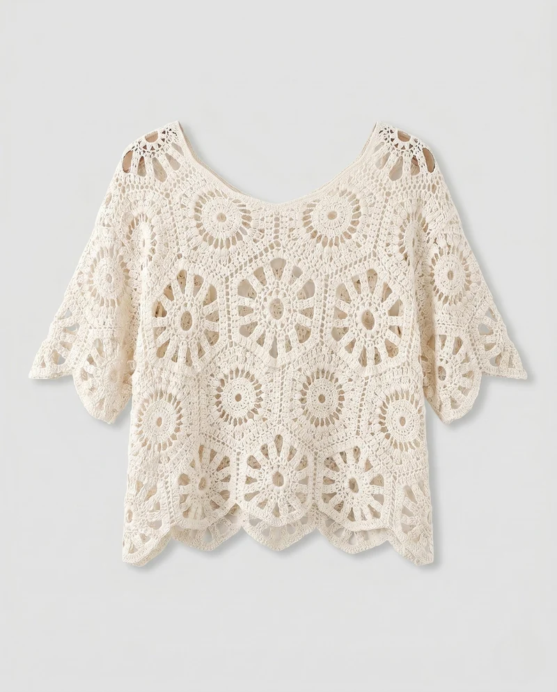 Damen Häkeloberteil mit floralen Mustern und luftigen Details