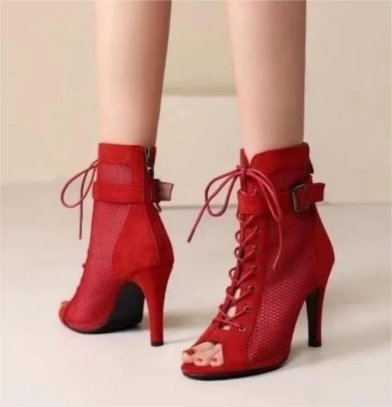 Damen Netz-Stiefeletten mit eleganter Schnürung und hohem Absatz