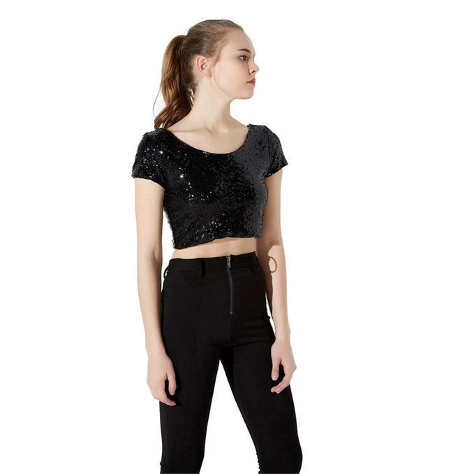 Damen Glamouröses Crop-Top mit Pailletten und leichter A-Linie Rock