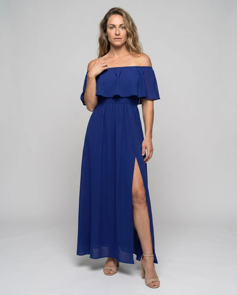 Damen Off-Shoulder Maxikleid mit voluminösen Rüschen