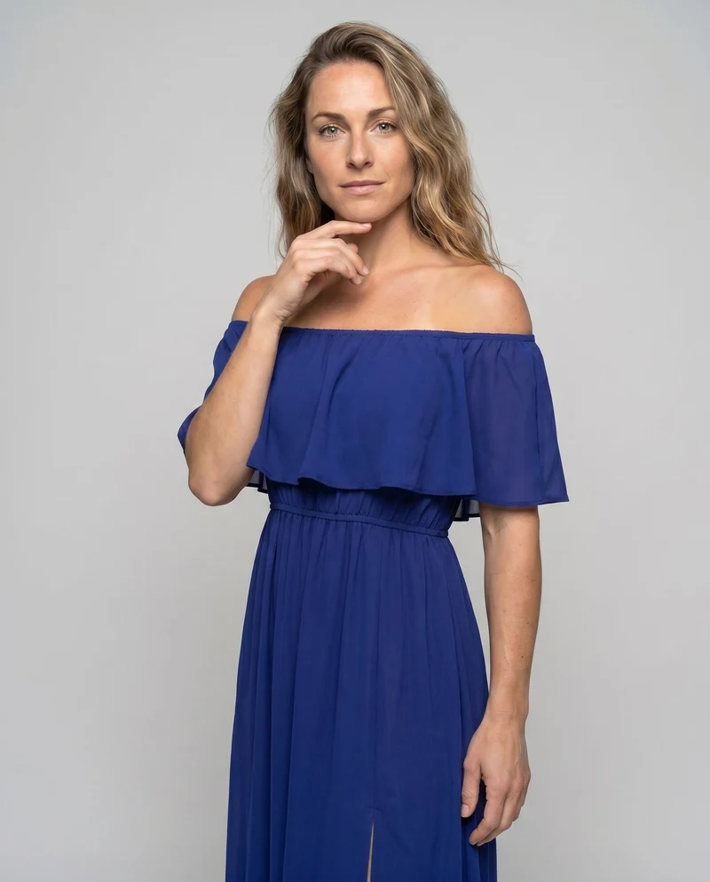 Damen Off-Shoulder Maxikleid mit voluminösen Rüschen