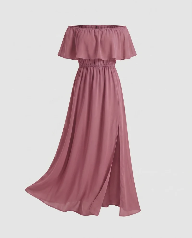 Damen Off-Shoulder Maxikleid mit voluminösen Rüschen