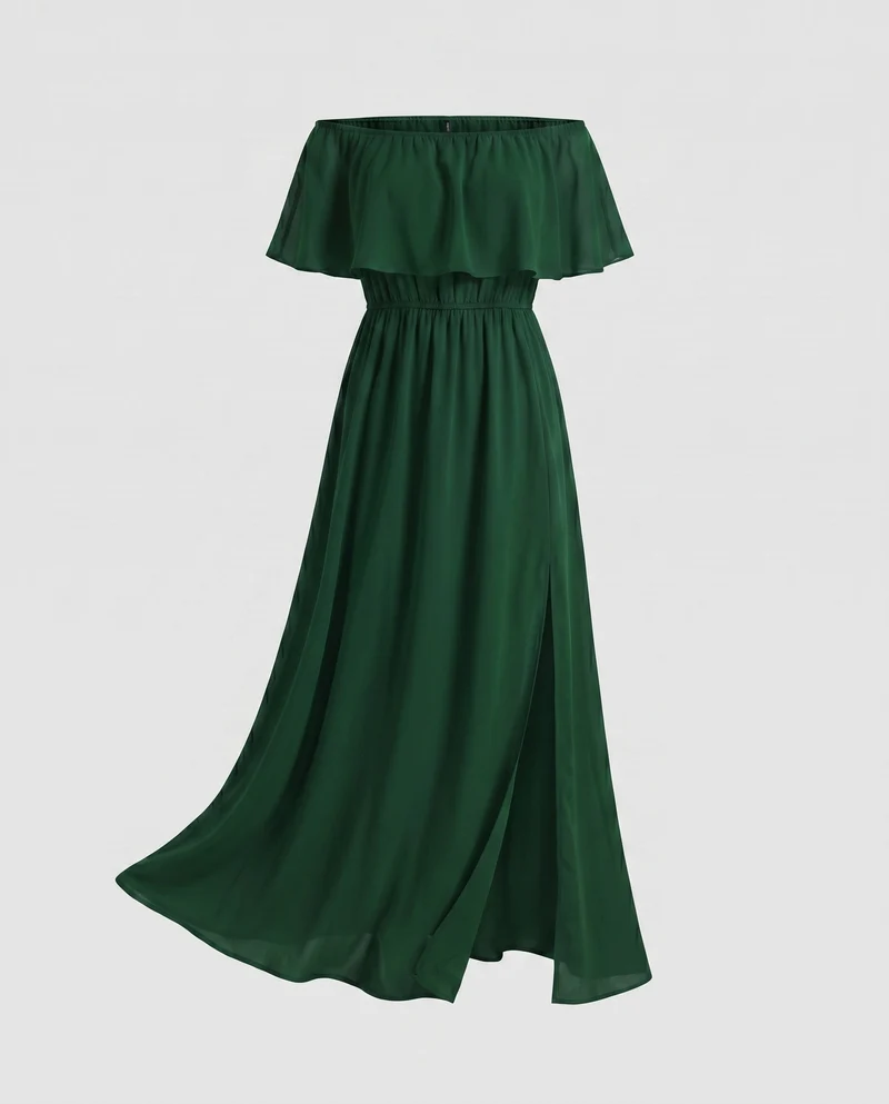 Damen Off-Shoulder Maxikleid mit voluminösen Rüschen
