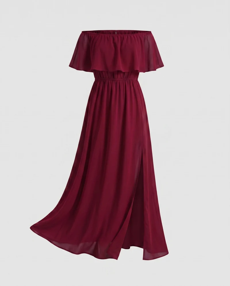 Damen Off-Shoulder Maxikleid mit voluminösen Rüschen