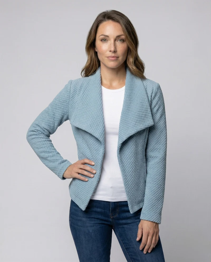 Damen Bouclé-Kurzcardigan mit Wasserfallkragen