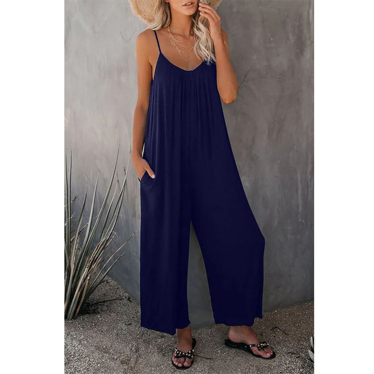 Damen Lässiger Sommer-Jumpsuit mit tiefem Ausschnitt und praktischen Taschen