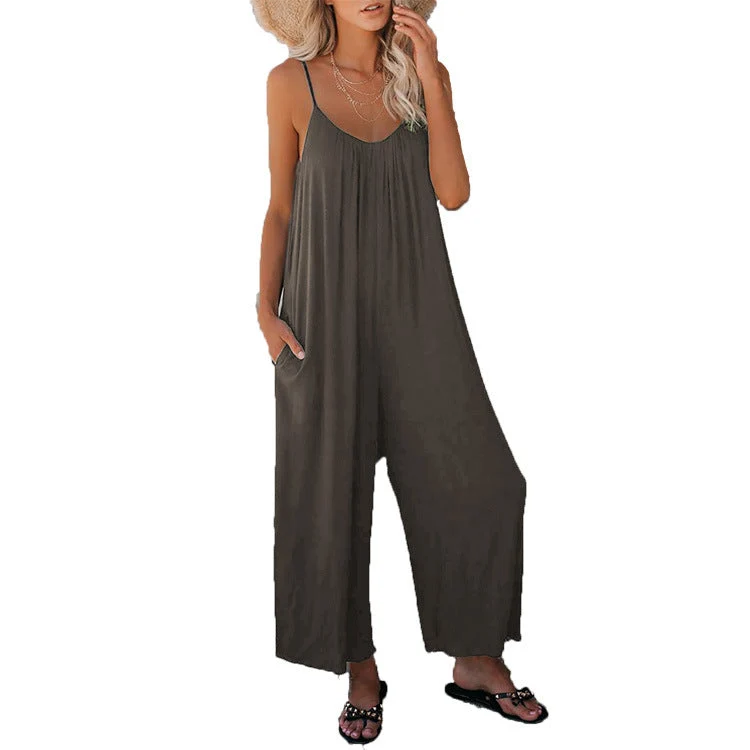 Damen Lässiger Sommer-Jumpsuit mit tiefem Ausschnitt und praktischen Taschen