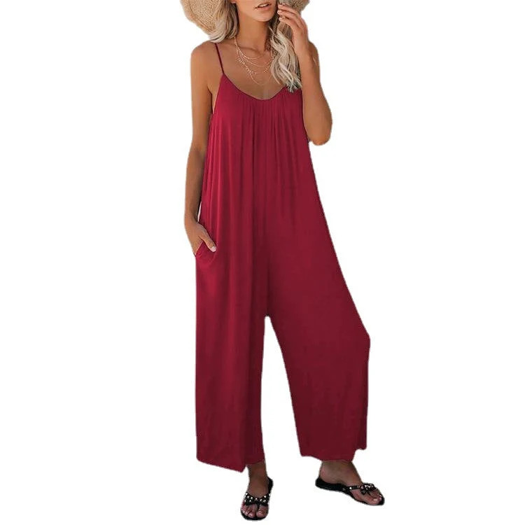 Damen Lässiger Sommer-Jumpsuit mit tiefem Ausschnitt und praktischen Taschen
