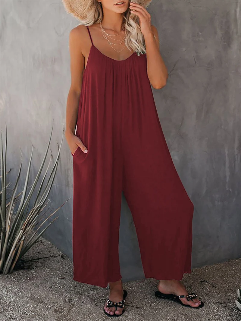 Damen Lässiger Sommer-Jumpsuit mit tiefem Ausschnitt und praktischen Taschen