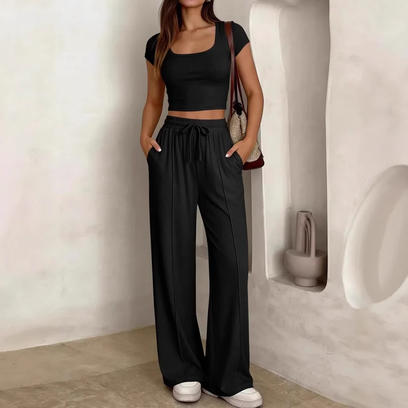Damen lässiges Cropped-Top und weite Hose Set