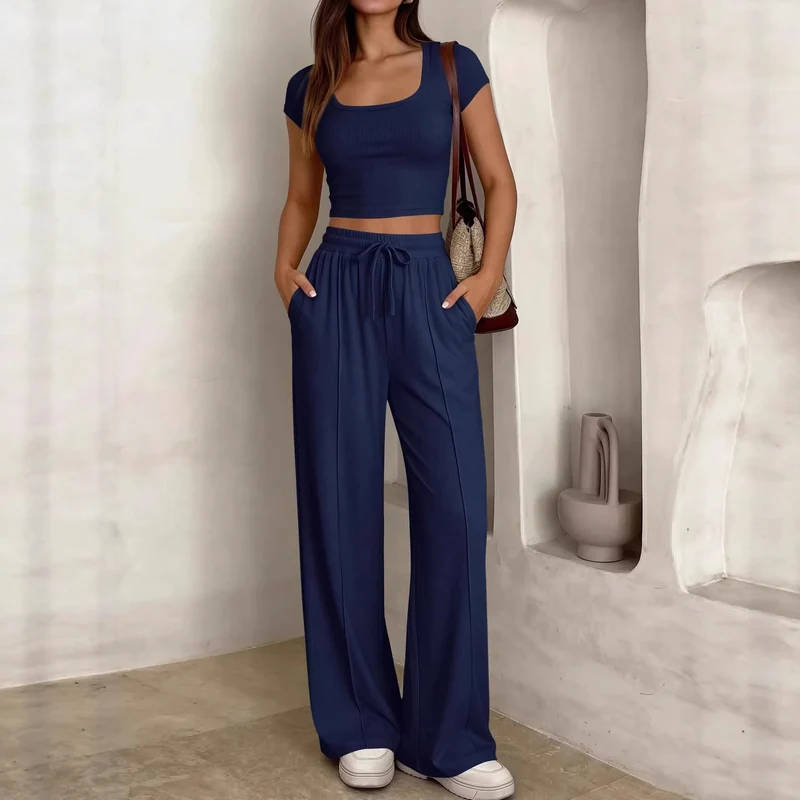 Damen lässiges Cropped-Top und weite Hose Set