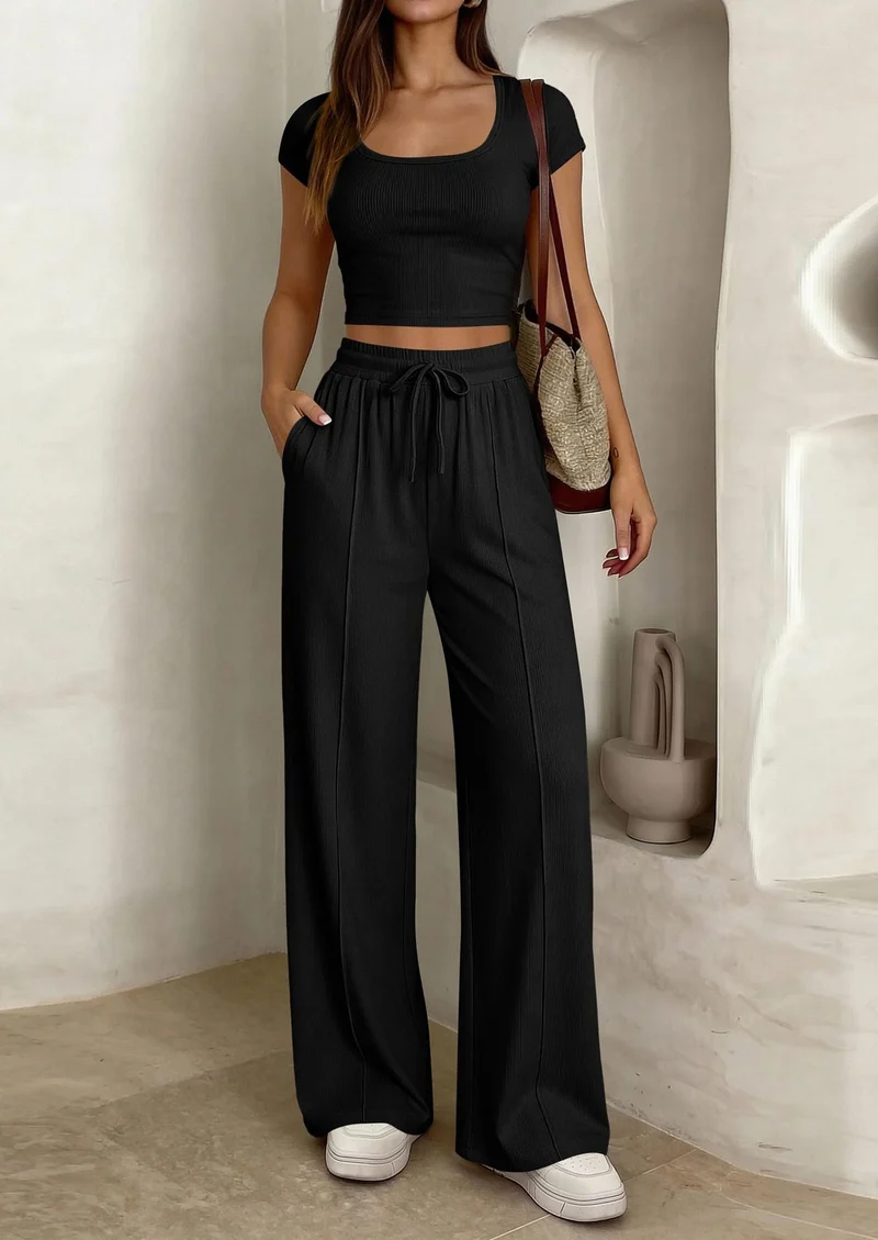Damen lässiges Cropped-Top und weite Hose Set