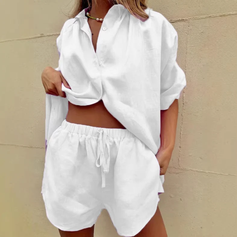 Damen luftige Leinenbluse mit Shorts Nord Taschen