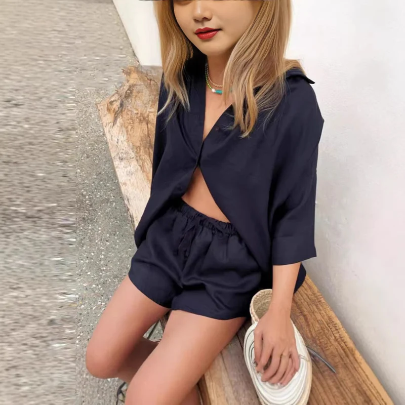 Damen luftige Leinenbluse mit Shorts Nord Taschen