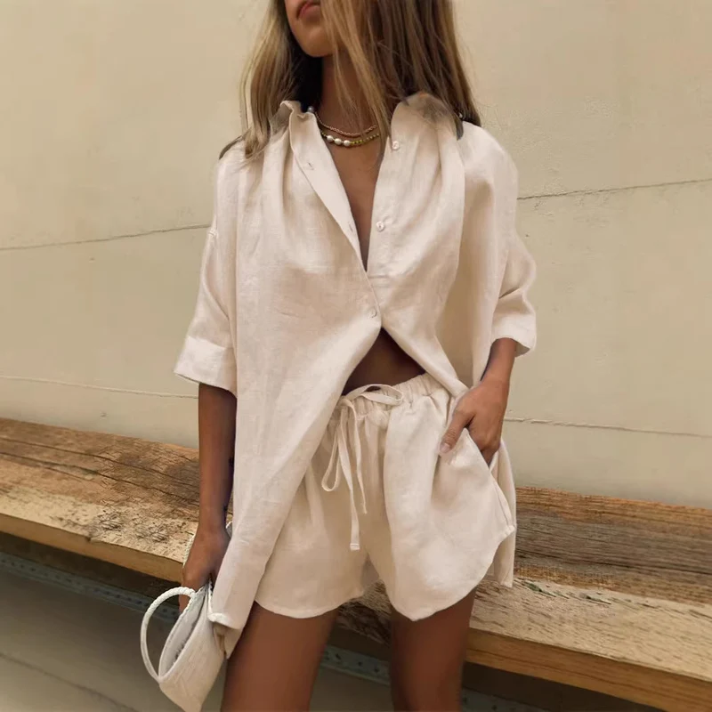 Damen luftige Leinenbluse mit Shorts Nord Taschen