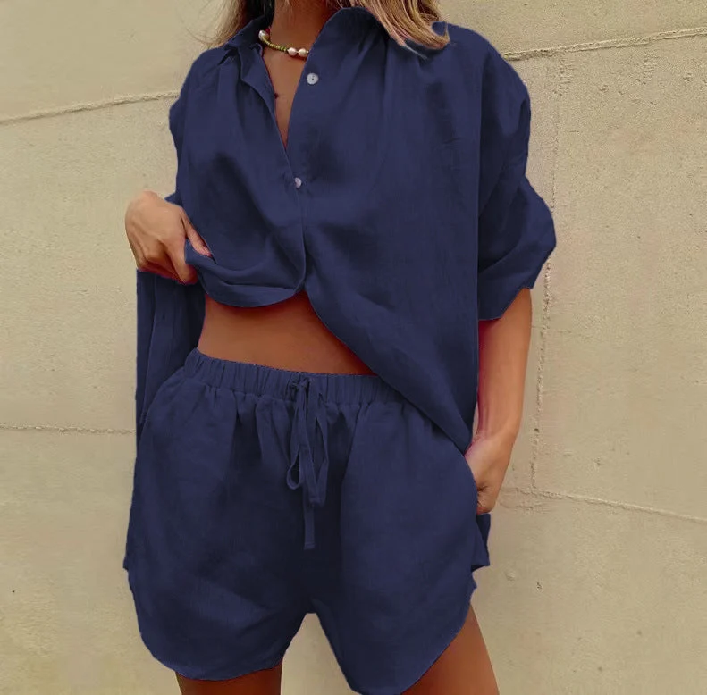 Damen luftige Leinenbluse mit Shorts Nord Taschen