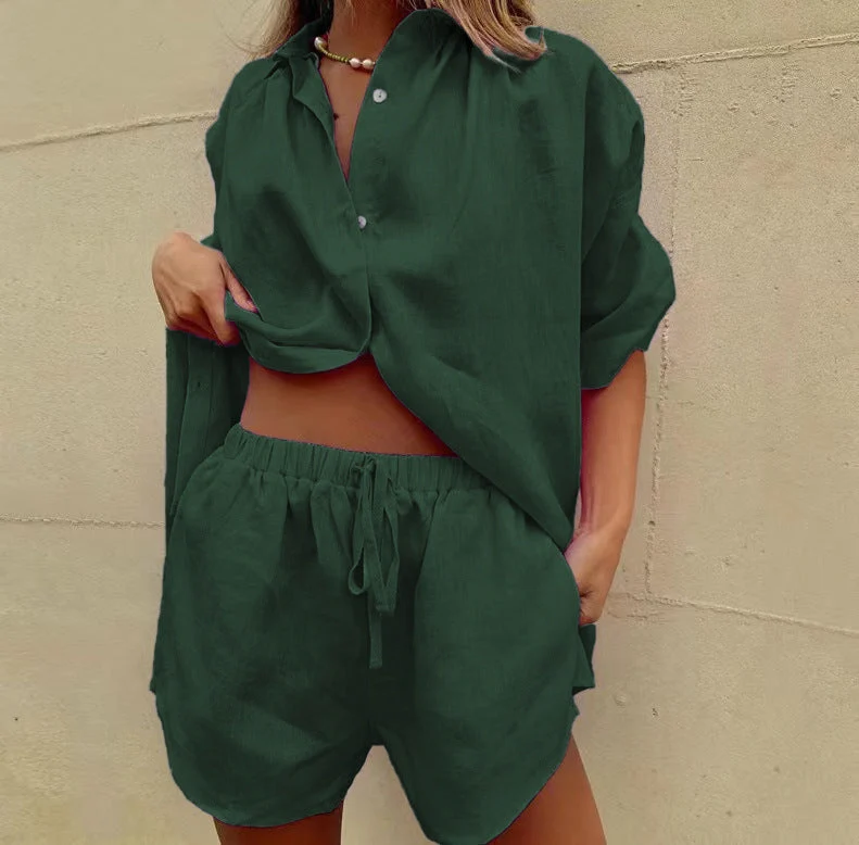 Damen luftige Leinenbluse mit Shorts Nord Taschen