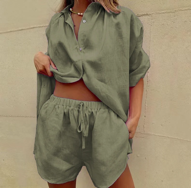 Damen luftige Leinenbluse mit Shorts Nord Taschen