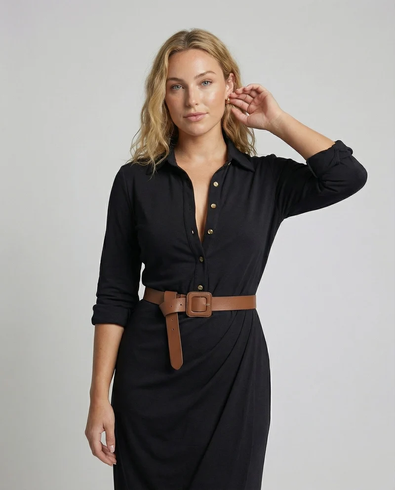 Damen Langärmelige Taillengürtel Maxikleid