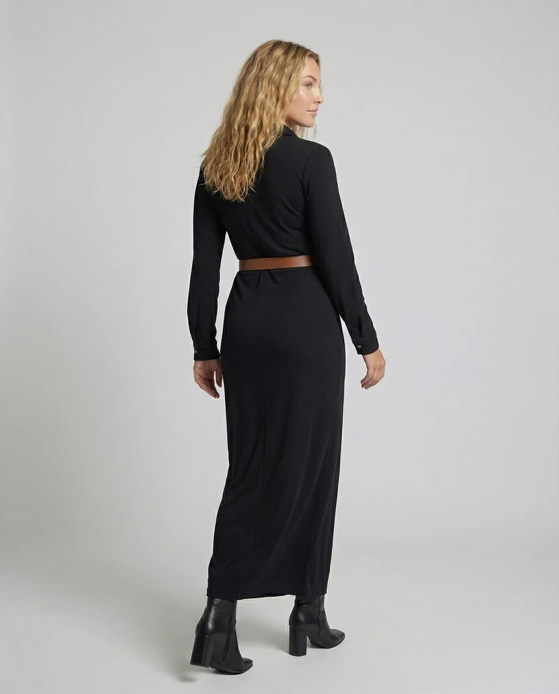 Damen Langärmelige Taillengürtel Maxikleid