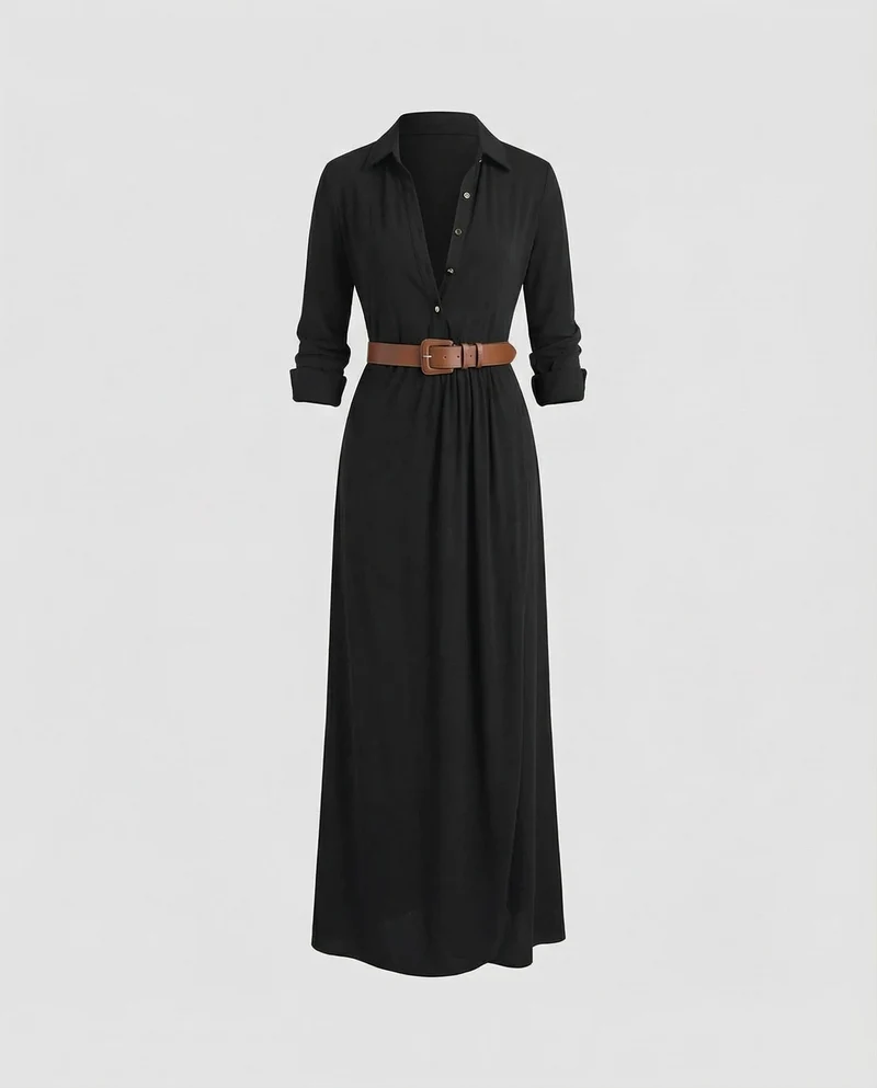 Damen Langärmelige Taillengürtel Maxikleid