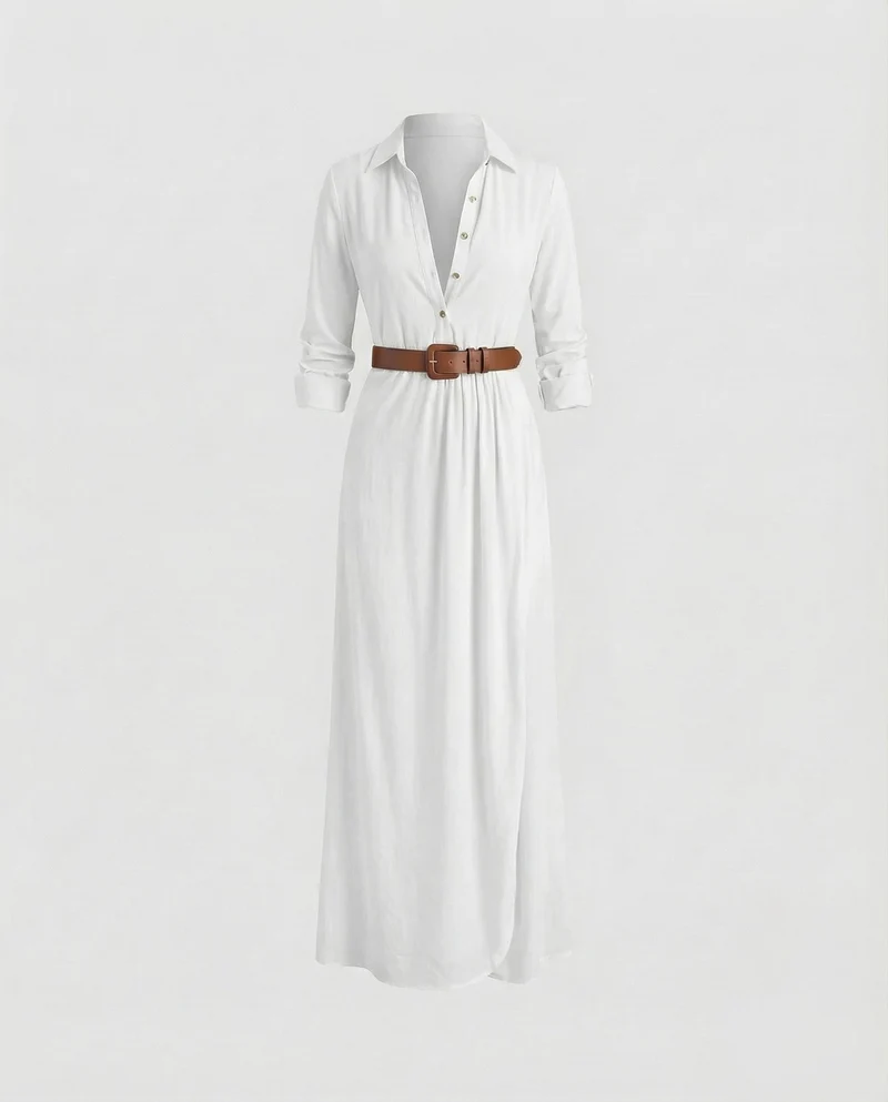 Damen Langärmelige Taillengürtel Maxikleid
