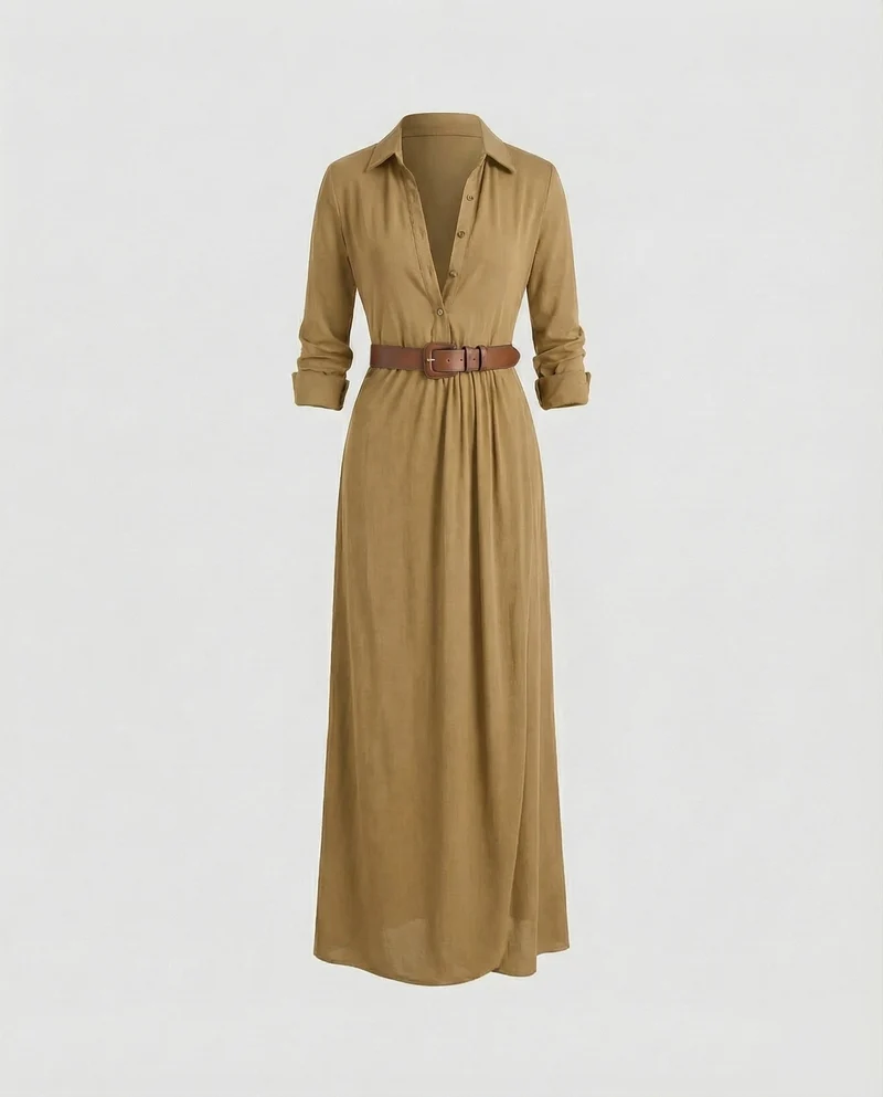 Damen Langärmelige Taillengürtel Maxikleid