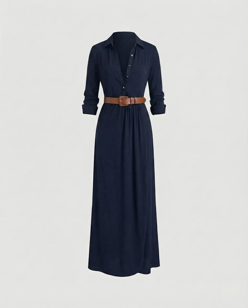 Damen Langärmelige Taillengürtel Maxikleid