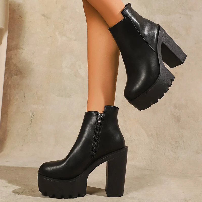 Damen Modische Plateau Stiefeletten mit markantem Blockabsatz und Reißverschluss