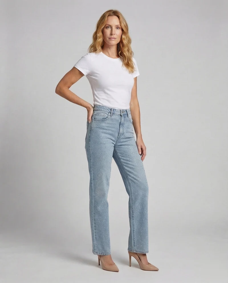 Damen hochtaillierte Denim-Jeans mit Strass