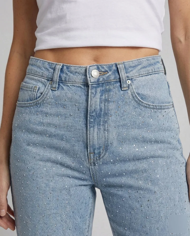 Damen hochtaillierte Denim-Jeans mit Strass