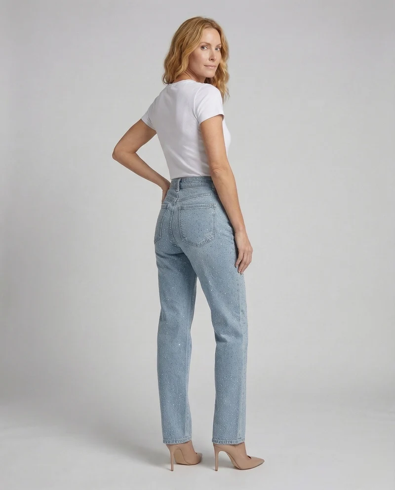 Damen hochtaillierte Denim-Jeans mit Strass