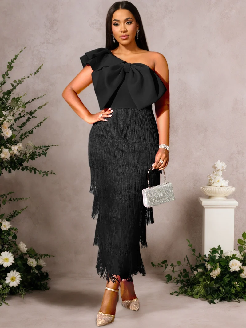 Damen Cocktailkleid mit voluminösem Rüschendesign und Fransen