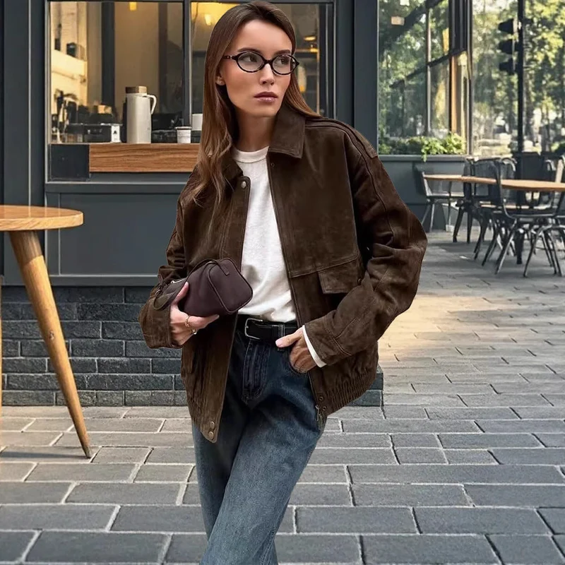 Damen modische Wildlederjacke mit Oversized-Schnitt