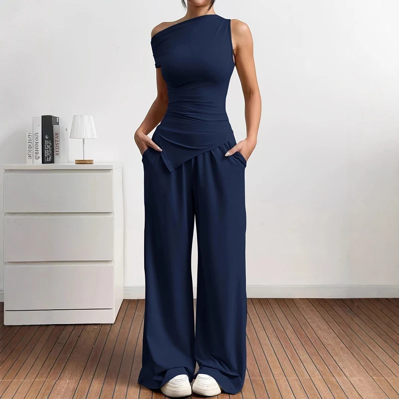 Damen Elegante Jumpsuit-Kombination mit asymmetrischem Oberteil und weitem Bein