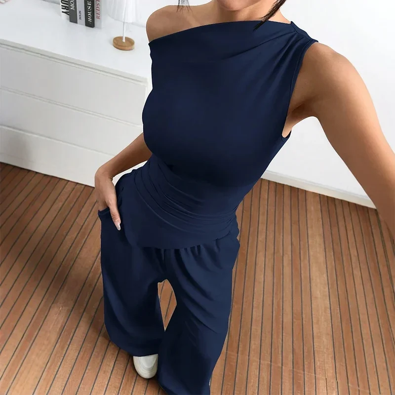 Damen Elegante Jumpsuit-Kombination mit asymmetrischem Oberteil und weitem Bein