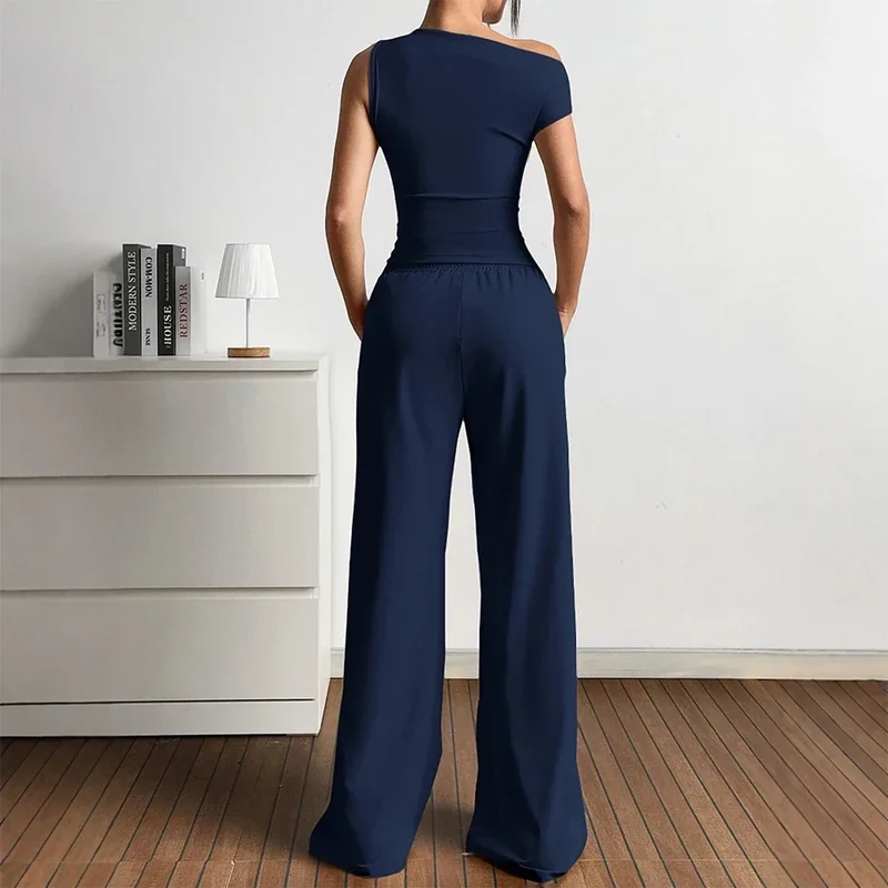 Damen Elegante Jumpsuit-Kombination mit asymmetrischem Oberteil und weitem Bein