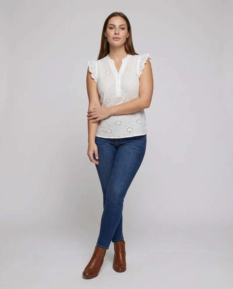 Damen Elegante Rüschen Broderie-Anglaise Bluse