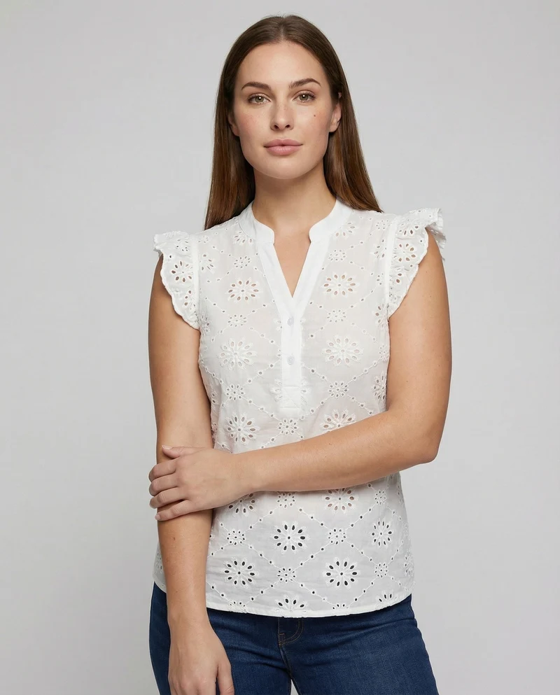 Damen Elegante Rüschen Broderie-Anglaise Bluse