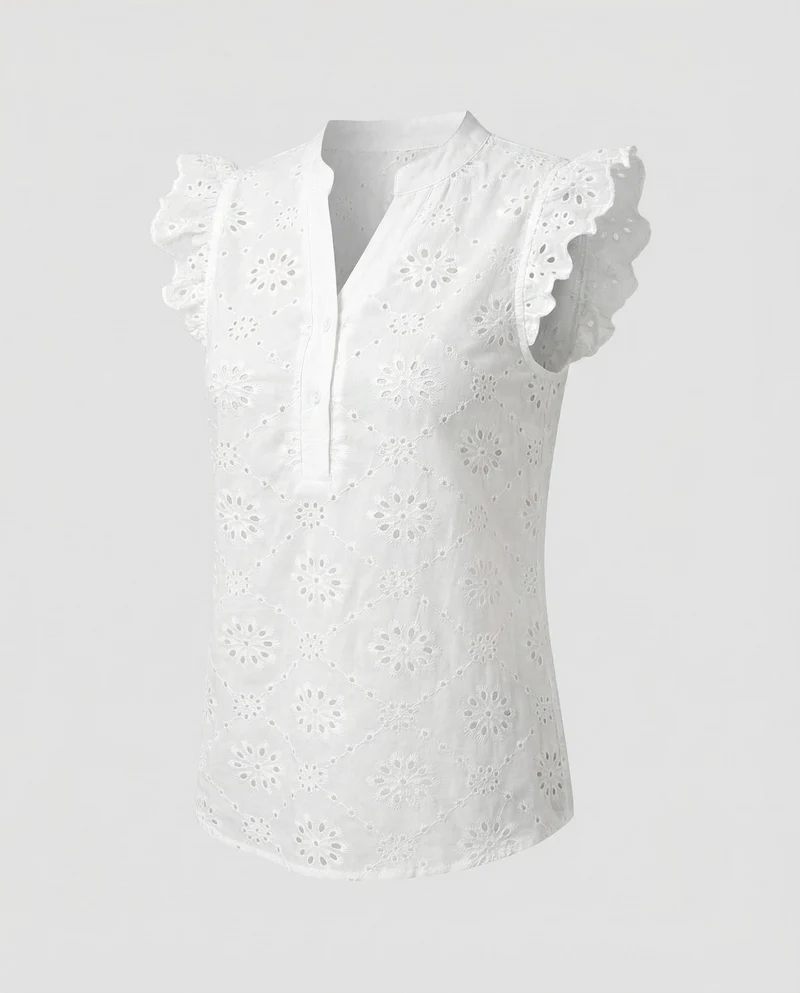 Damen Elegante Rüschen Broderie-Anglaise Bluse
